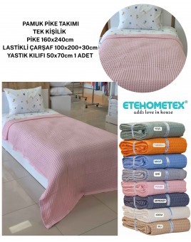 ETEHOMETEX HAVUZLU PİKE TAKIMI %100 PAMUK TEK KİŞİLİK PEMBE 8696474232108